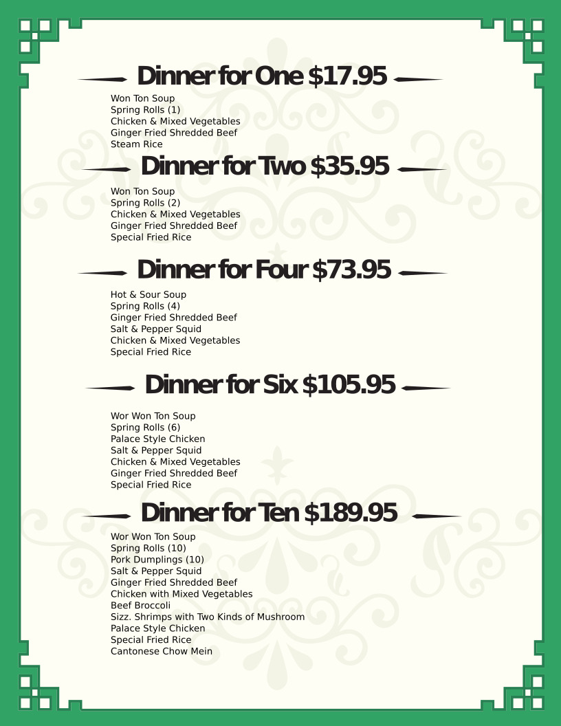 dinner menu combos